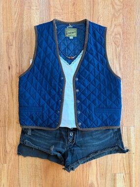 Essence Quilted Navy Vest with Brown Trim